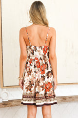 Aviva Mini Dress - V Neck Smocked Bodice A-Line Dress with Adjustable Straps in Peonia Print