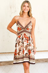 Aviva Mini Dress - V Neck Smocked Bodice A-Line Dress with Adjustable Straps in Peonia Print
