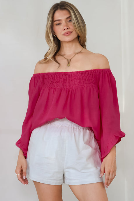 Aviva Top - Off Shoulder Handkerchief Sleeve Pull Over in Hot Pink