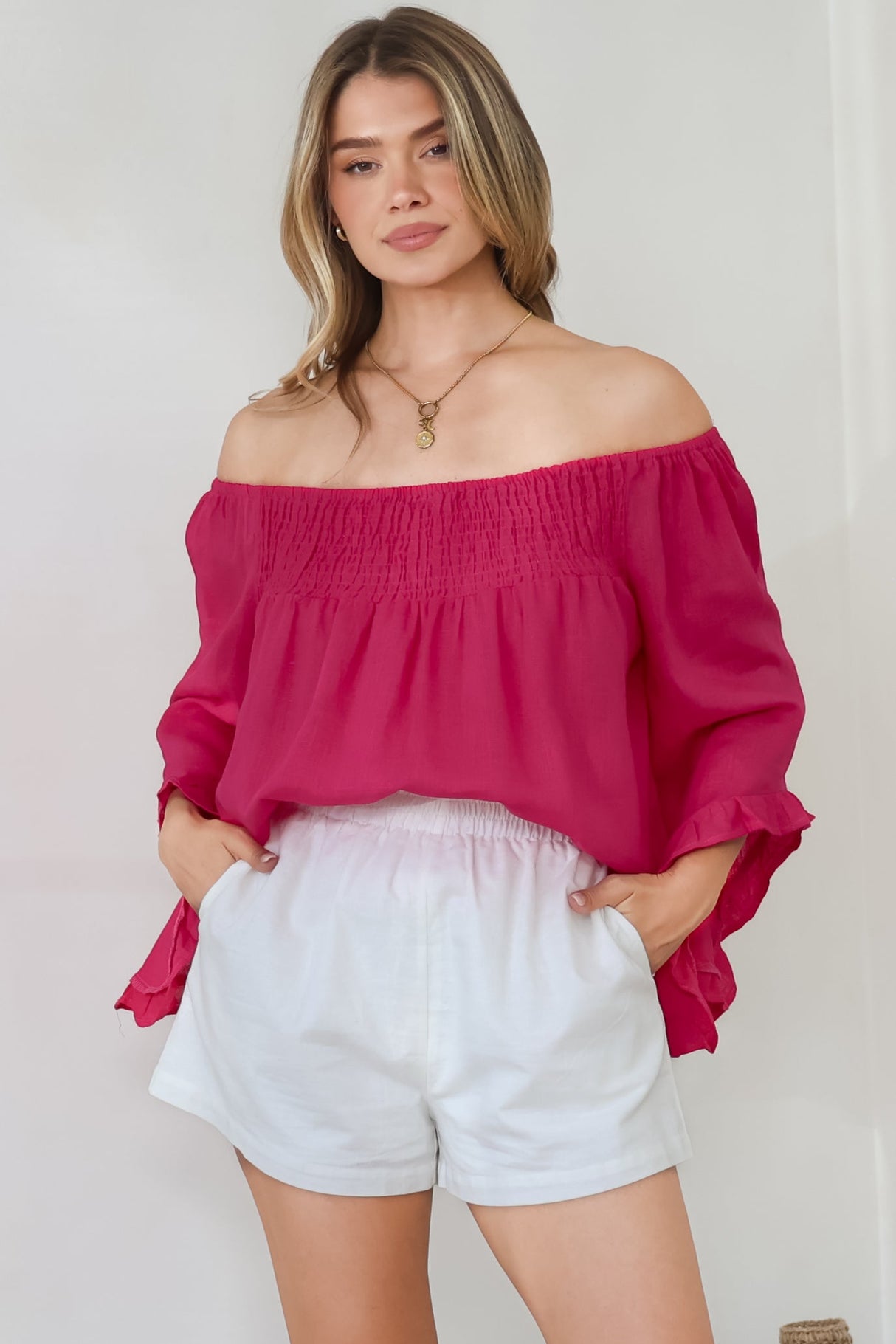 Aviva Top - Off Shoulder Handkerchief Sleeve Pull Over in Hot Pink