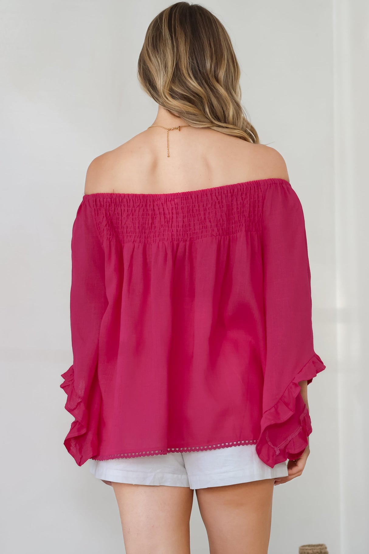 Aviva Top - Off Shoulder Handkerchief Sleeve Pull Over in Hot Pink