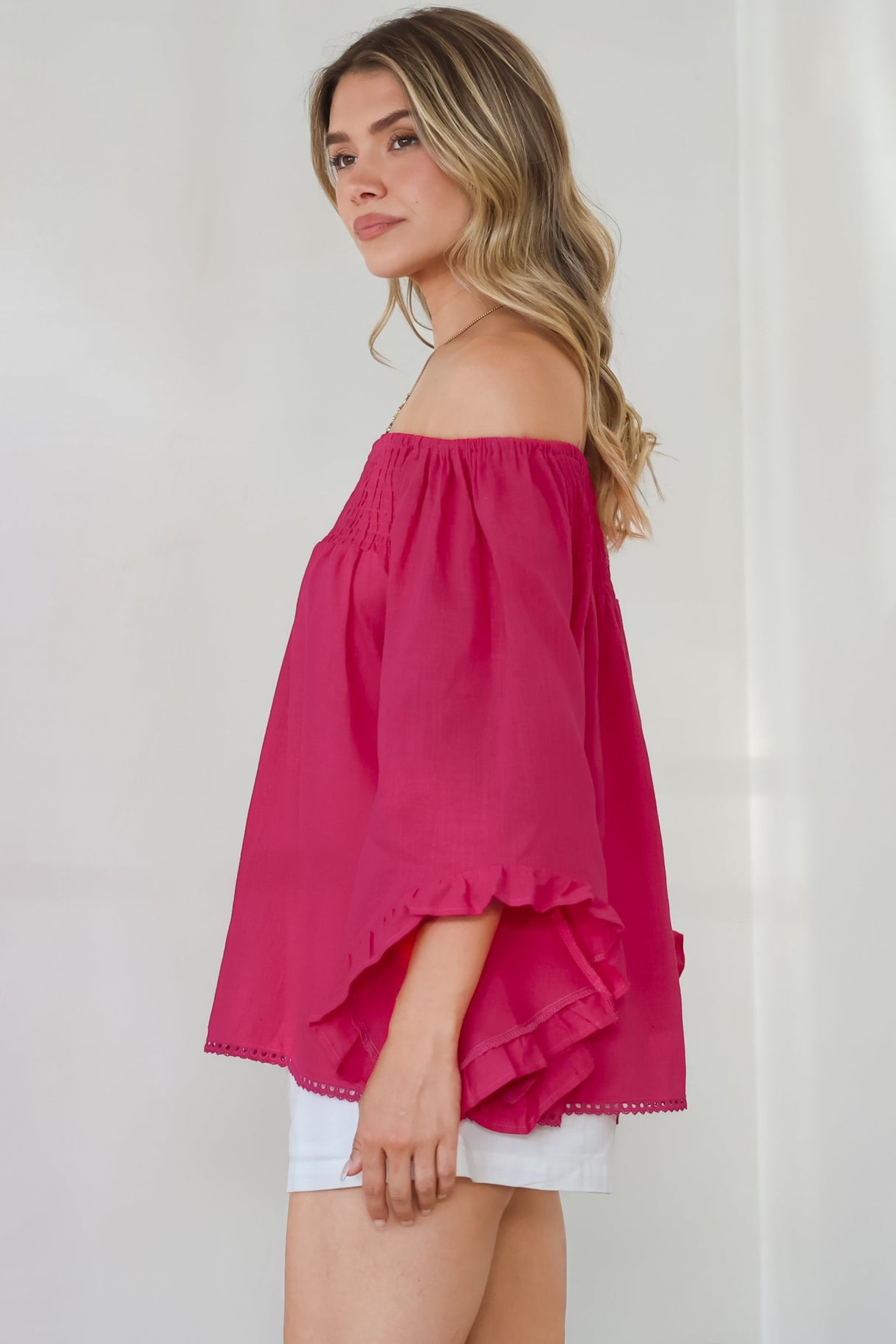 Aviva Top - Off Shoulder Handkerchief Sleeve Pull Over in Hot Pink