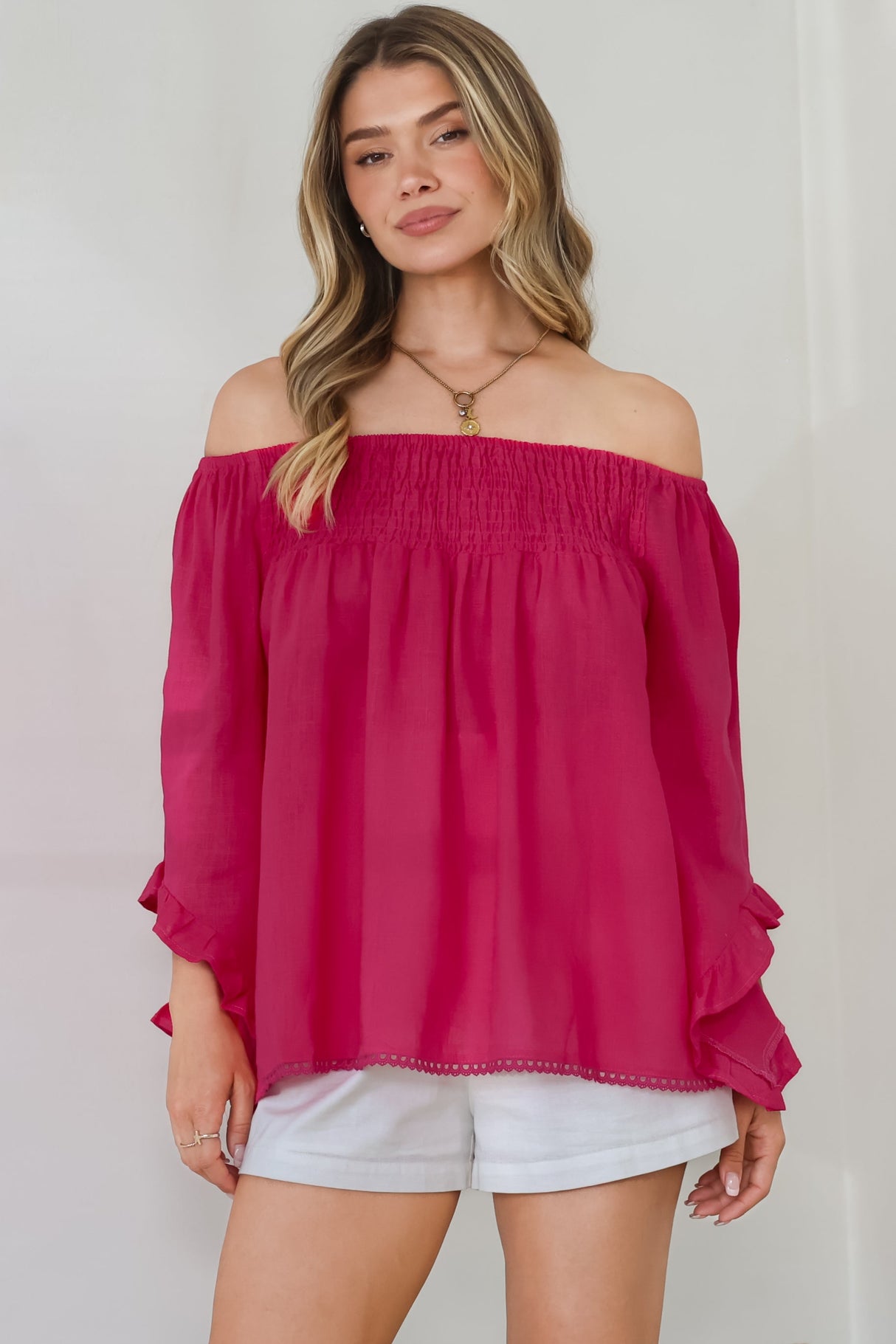 Aviva Top - Off Shoulder Handkerchief Sleeve Pull Over in Hot Pink