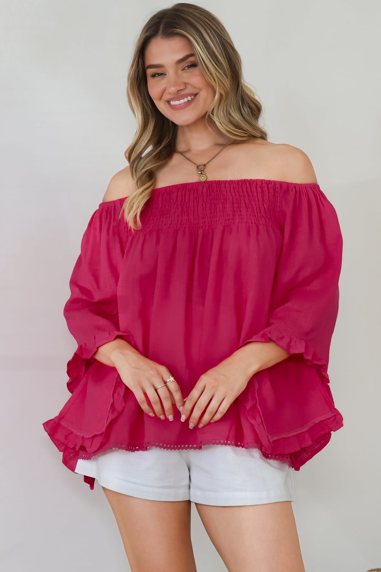 Aviva Top - Off Shoulder Handkerchief Sleeve Pull Over in Hot Pink