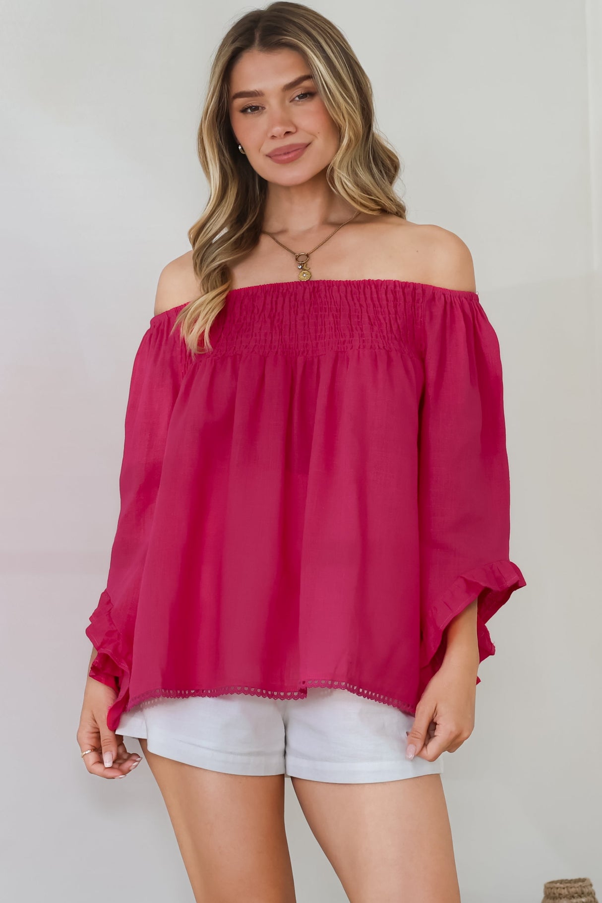 Aviva Top - Off Shoulder Handkerchief Sleeve Pull Over in Hot Pink