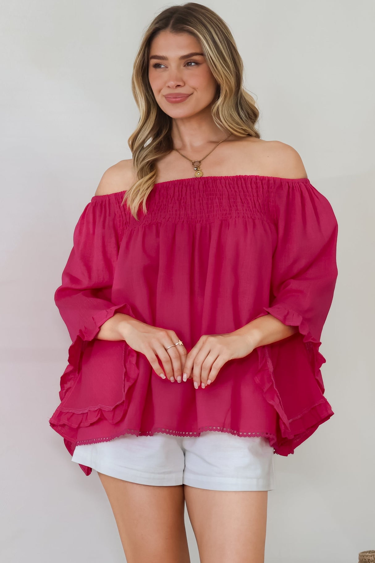 Aviva Top - Off Shoulder Handkerchief Sleeve Pull Over in Hot Pink