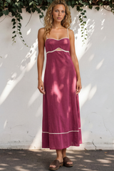 Model wearing Aviva Maxi Dress in Plum from Salty Crush
