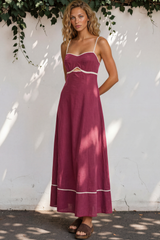Model wearing Aviva Maxi Dress in Plum from Salty Crush
