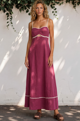 Model wearing Aviva Maxi Dress in Plum from Salty Crush
