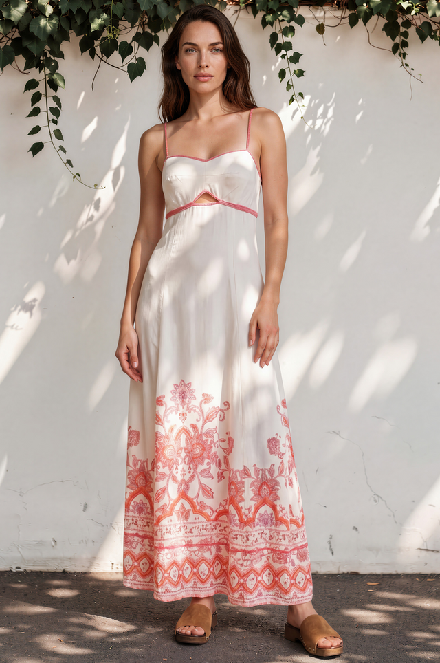 Model wearing Aviva Maxi Dress in Tawny Print from Salty Crush