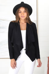 Avo Jacket - Lapel Waterfall Faux Suede Jacket in Black