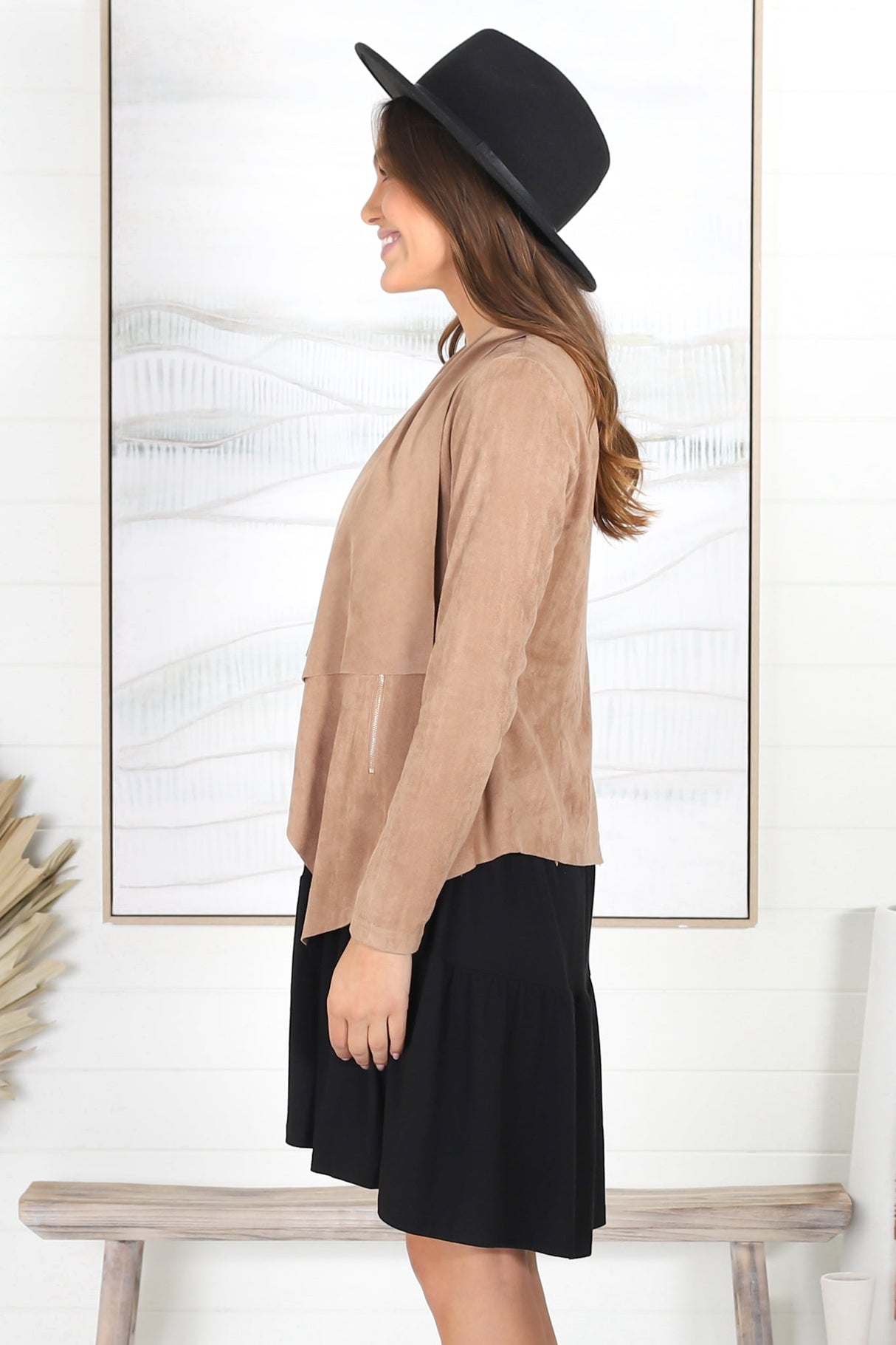 Avo Jacket - Lapel Waterfall Faux Suede Jacket in Camel