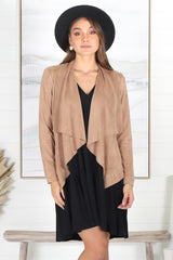 Avo Jacket - Lapel Waterfall Faux Suede Jacket in Camel