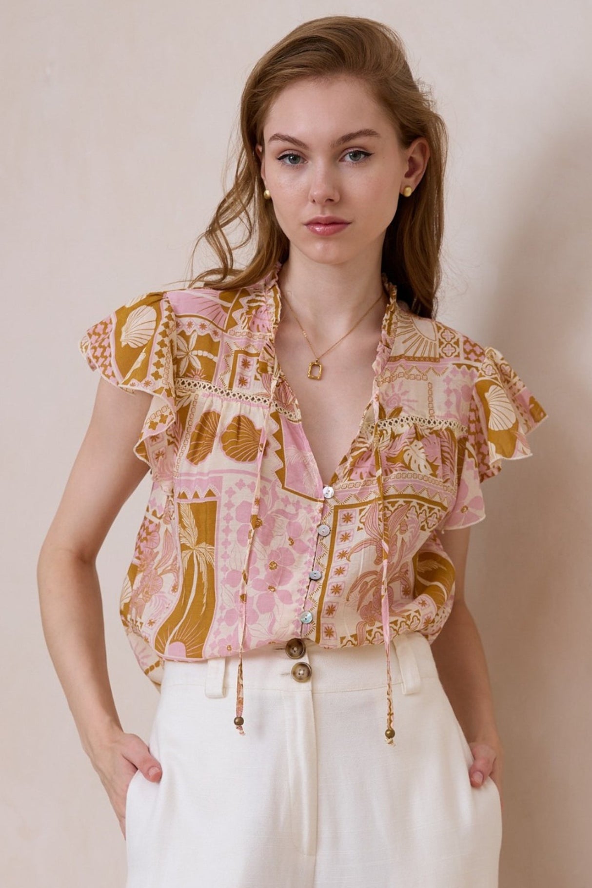 Avril Blouse - Frill Cap Sleeve Button Down Cotton Blouse in Cersi Print