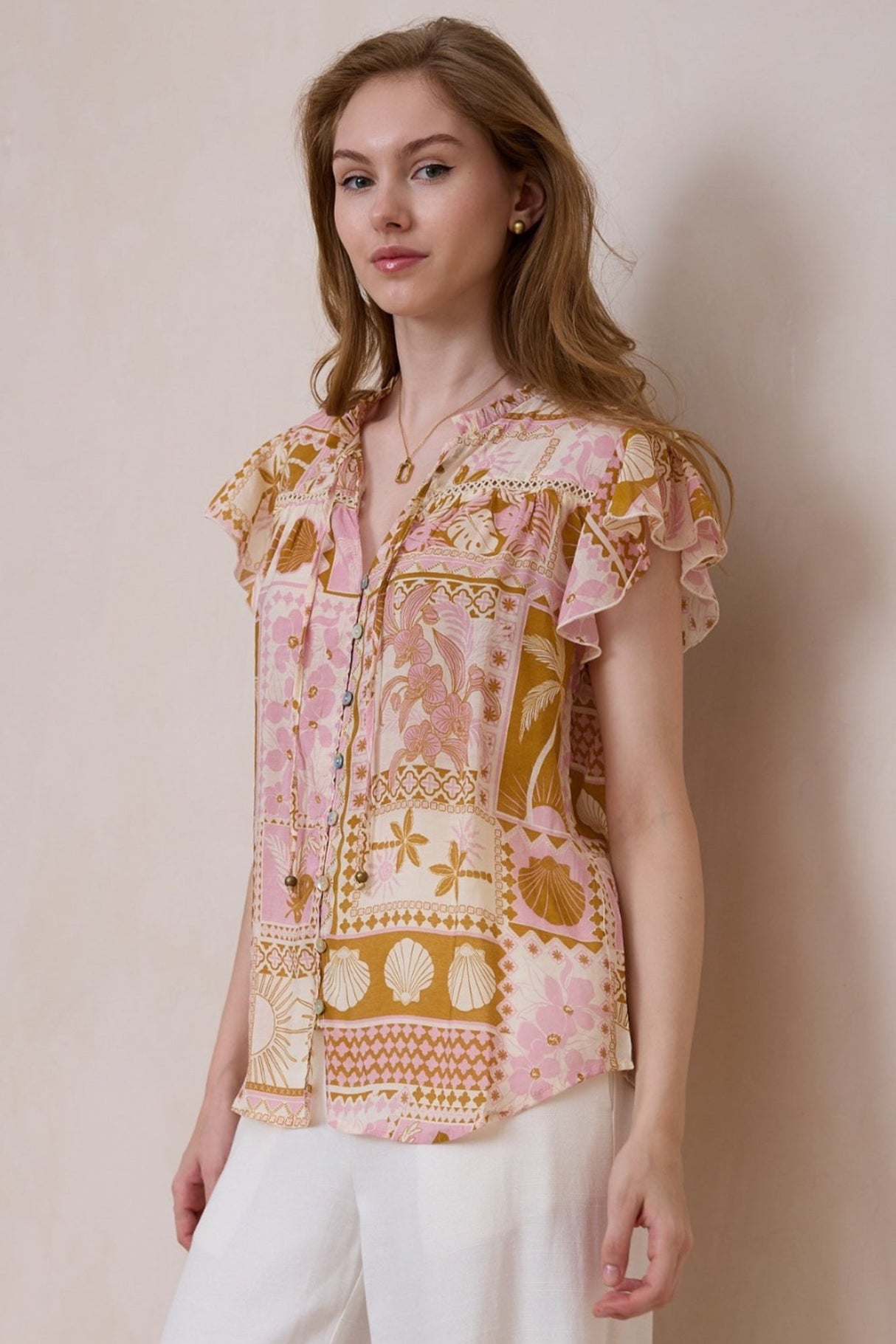 Avril Blouse - Frill Cap Sleeve Button Down Cotton Blouse in Cersi Print