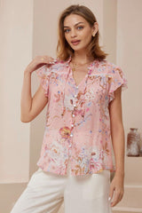 Avril Blouse - Frill Cap Sleeve Button Down Cotton Blouse in Ginnee Print