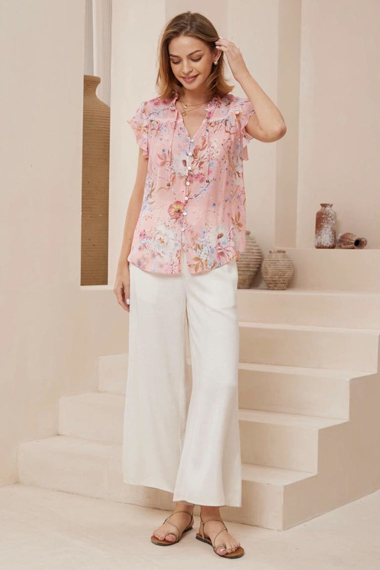 Avril Blouse - Frill Cap Sleeve Button Down Cotton Blouse in Ginnee Print