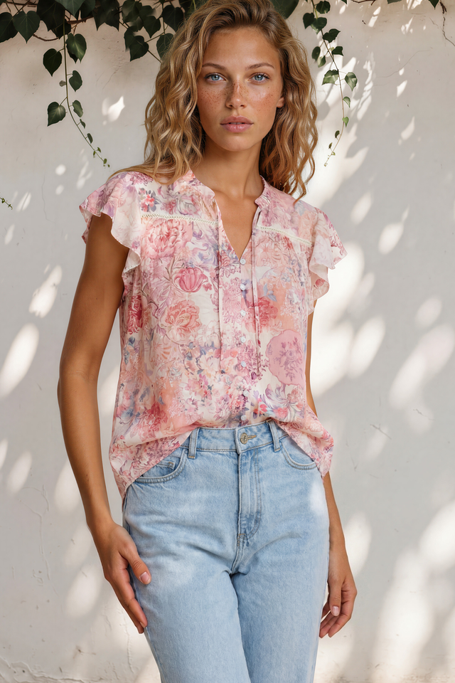 Model wearing Avril Blouse in Alani Print from Salty Crush

