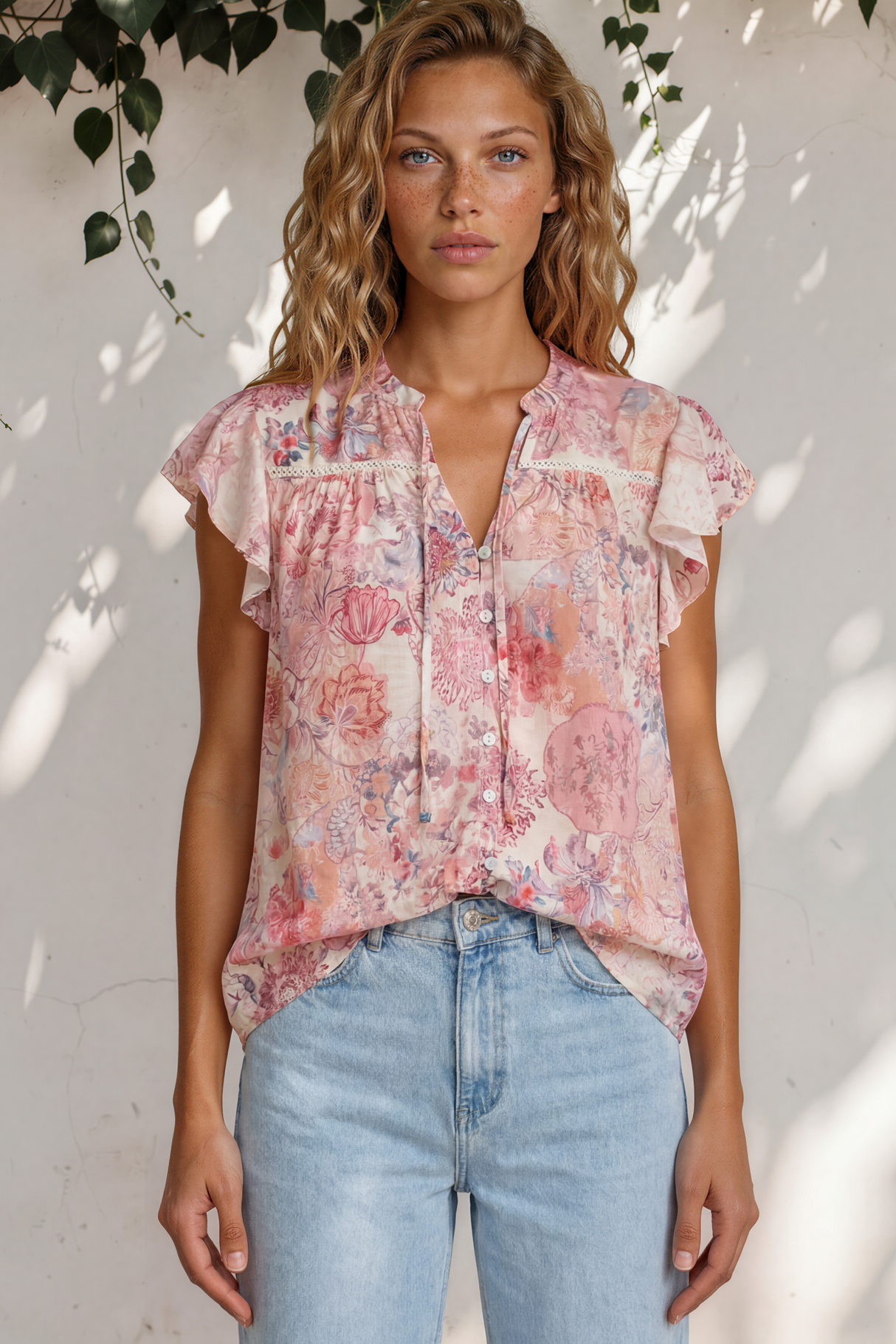 Model wearing Avril Blouse in Alani Print from Salty Crush
