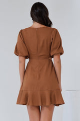 Awanda Mini Dress - Tie Up Bust Cut Out Dress with Ruffle Hemline in Brown