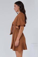 Awanda Mini Dress - Tie Up Bust Cut Out Dress with Ruffle Hemline in Brown