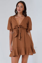 Awanda Mini Dress - Tie Up Bust Cut Out Dress with Ruffle Hemline in Brown