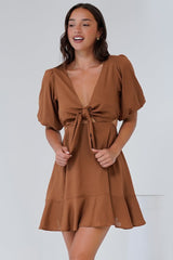 Awanda Mini Dress - Tie Up Bust Cut Out Dress with Ruffle Hemline in Brown