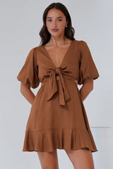 Awanda Mini Dress - Tie Up Bust Cut Out Dress with Ruffle Hemline in Brown