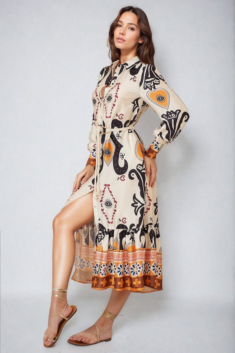 Thaya Maxi Dress - Collared Shirt Dress with Rope Belt in Belrae Print