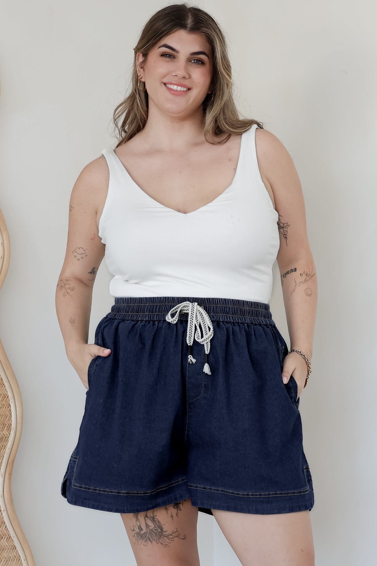 Aydar Denim Shorts - High Waisted Scoop Hemline Shorts in Dark Denim