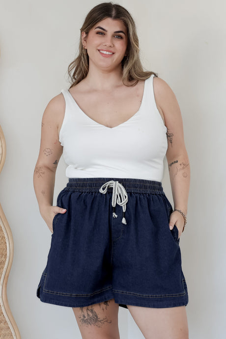 Aydar Denim Shorts - High Waisted Scoop Hemline Shorts in Dark Denim