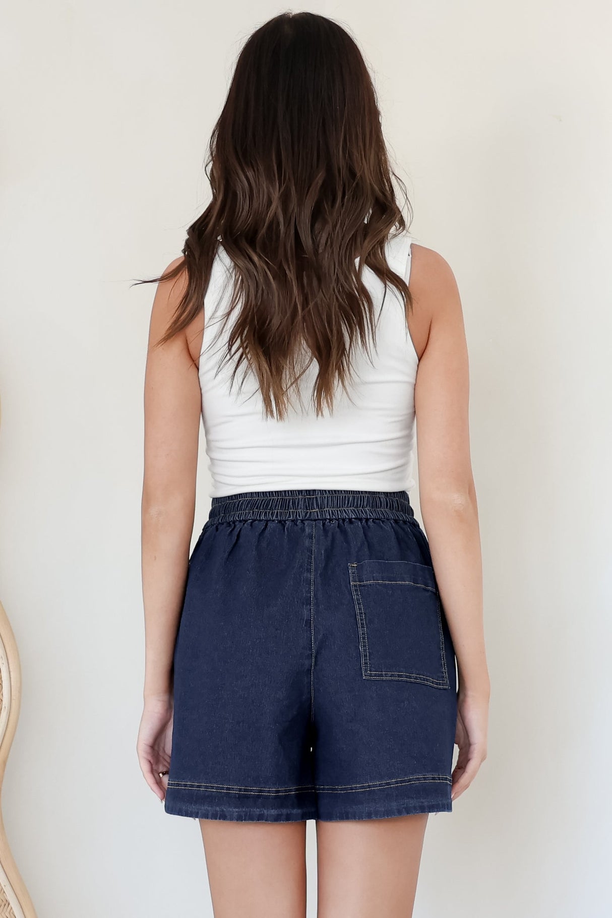 Aydar Denim Shorts - High Waisted Scoop Hemline Shorts in Dark Denim