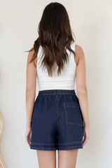 Aydar Denim Shorts - High Waisted Scoop Hemline Shorts in Dark Denim