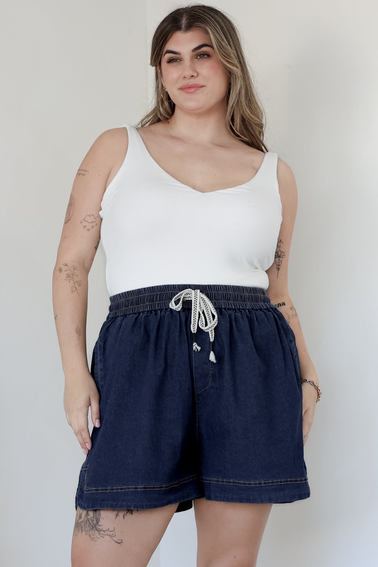 Aydar Denim Shorts - High Waisted Scoop Hemline Shorts in Dark Denim