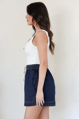 Aydar Denim Shorts - High Waisted Scoop Hemline Shorts in Dark Denim