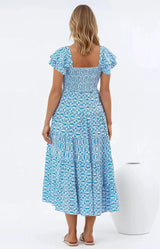 Aylia Midi Dress - Milkmaid Neckline Elasticated Bodice Frill Cap Sleeve Dress in Dory Print