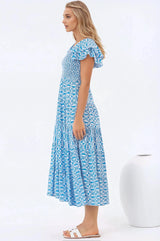 Aylia Midi Dress - Milkmaid Neckline Elasticated Bodice Frill Cap Sleeve Dress in Dory Print