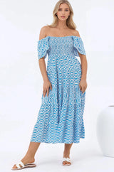 Aylia Midi Dress - Milkmaid Neckline Elasticated Bodice Frill Cap Sleeve Dress in Dory Print