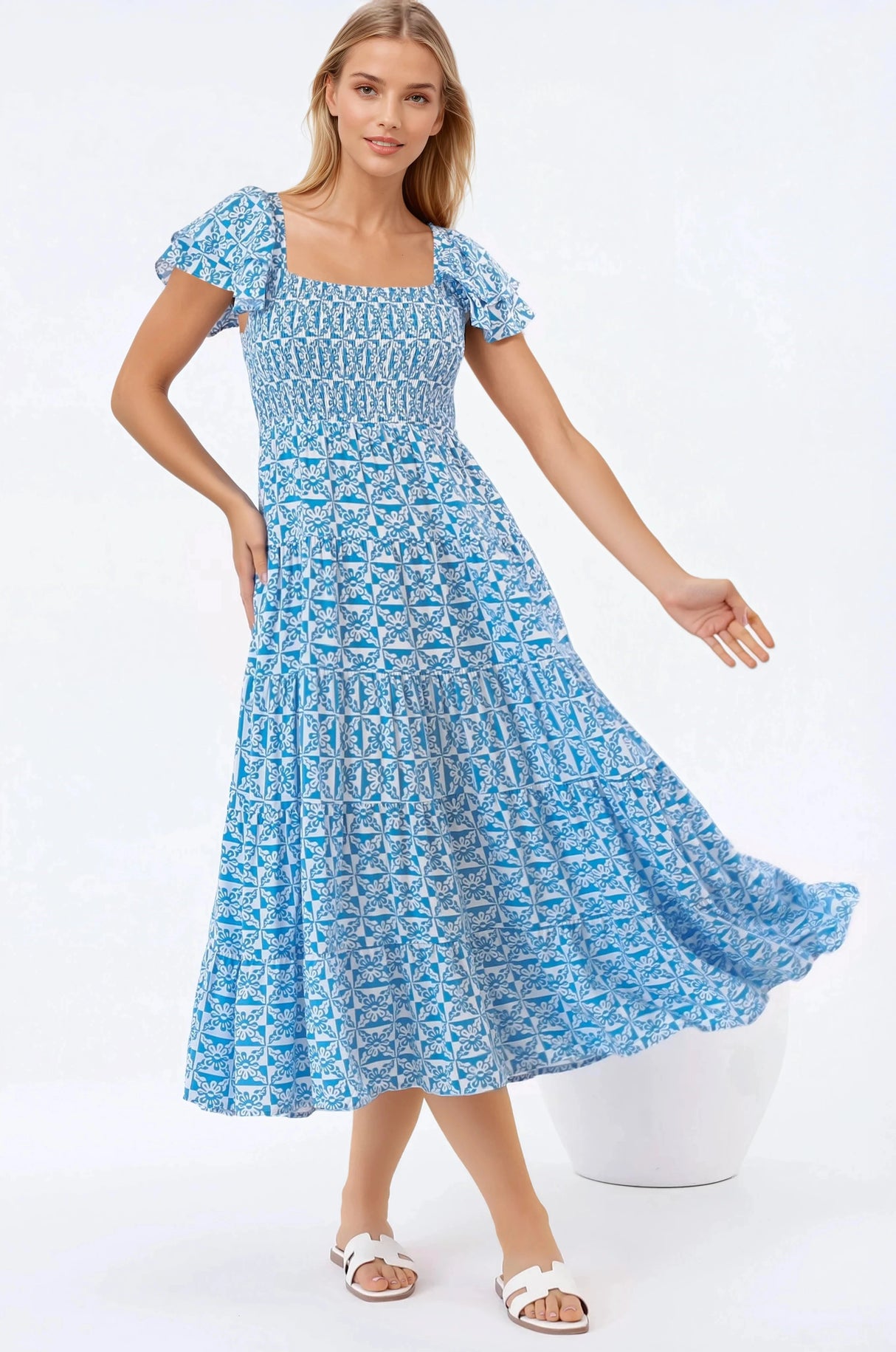 Aylia Midi Dress - Milkmaid Neckline Elasticated Bodice Frill Cap Sleeve Dress in Dory Print