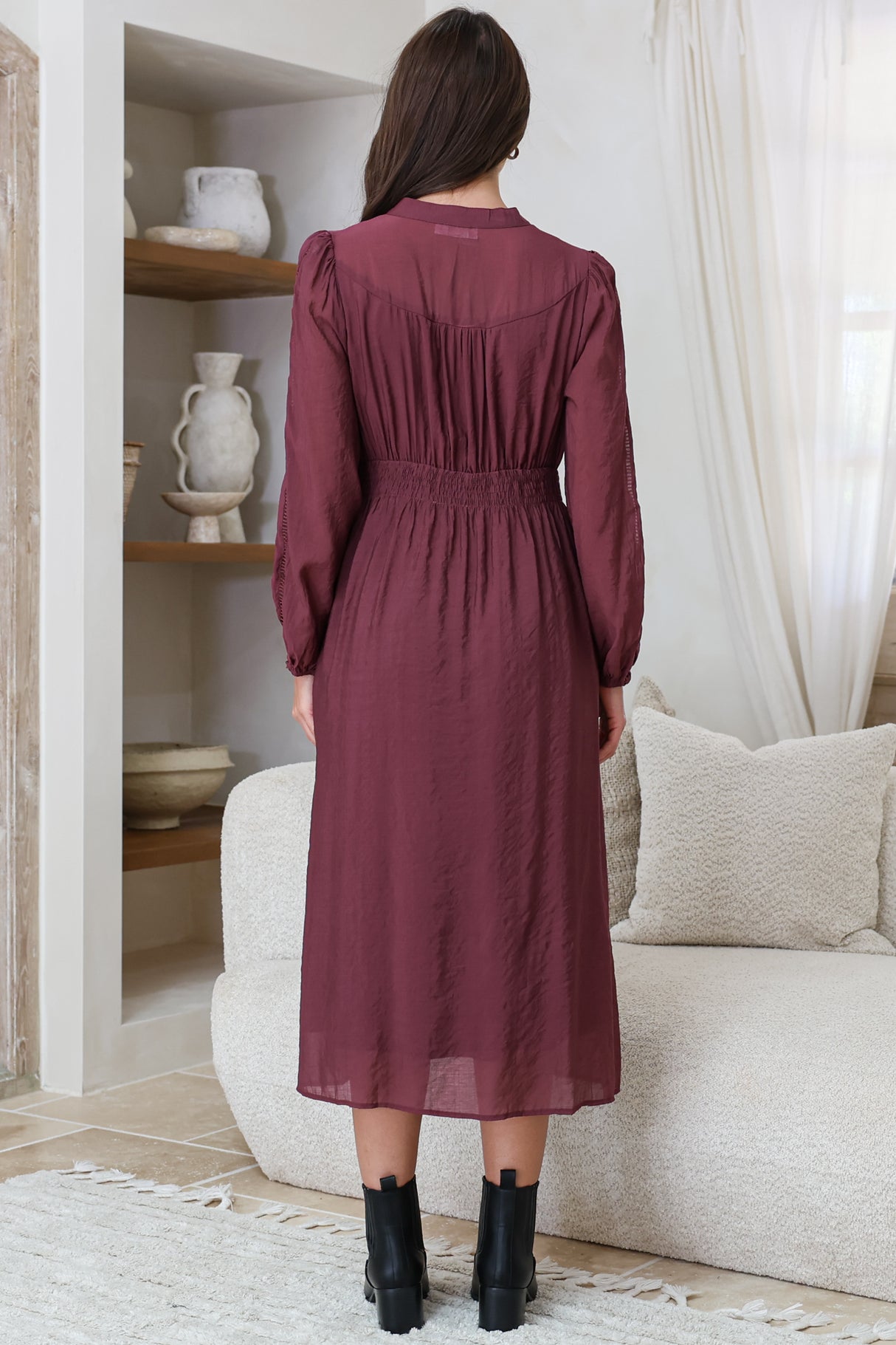 Aylon Midi Dress - Delicately Detailed Mandarin Collar Dress with Long Sleeves in Merlot