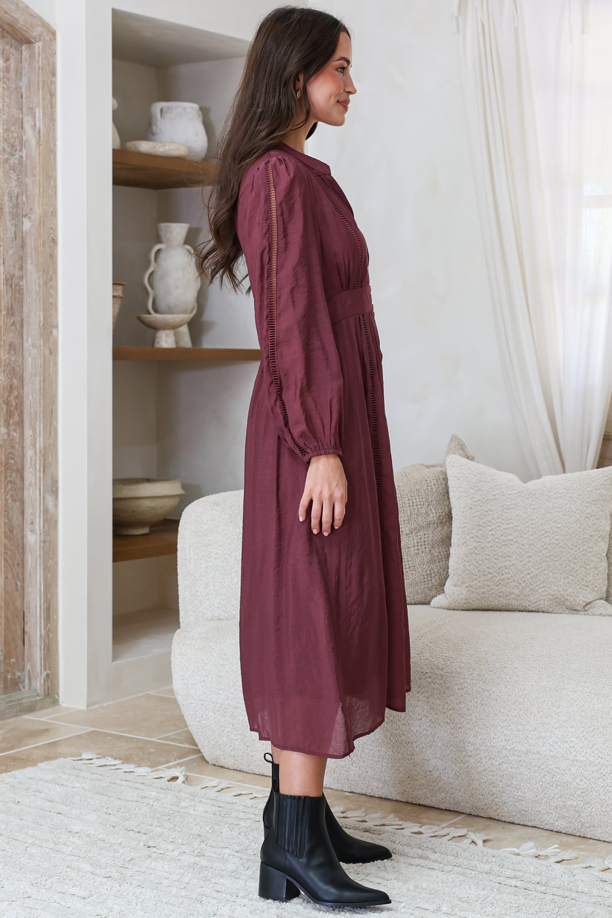Aylon Midi Dress - Delicately Detailed Mandarin Collar Dress with Long Sleeves in Merlot