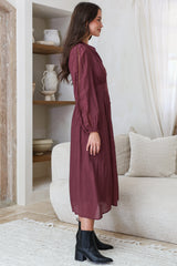Aylon Midi Dress - Delicately Detailed Mandarin Collar Dress with Long Sleeves in Merlot