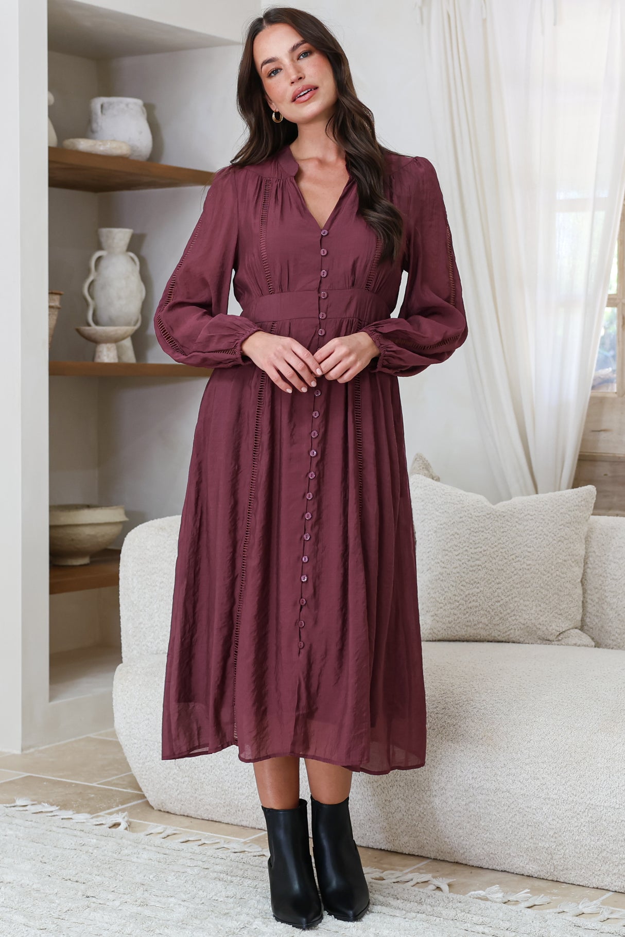 Aylon Midi Dress - Delicately Detailed Mandarin Collar Dress with Long Sleeves in Merlot