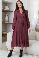 Model wearing Aylon Midi Dress in Merlot from Salty Crush
