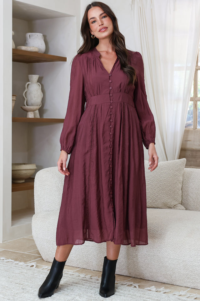 Model wearing Aylon Midi Dress in Merlot from Salty Crush