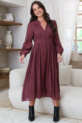 Aylon Midi Dress - Delicately Detailed Mandarin Collar Dress with Long Sleeves in Merlot