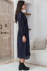 Aylon Midi Dress - Delicately Detailed Mandarin Collar Dress with Long Sleeves in Navy