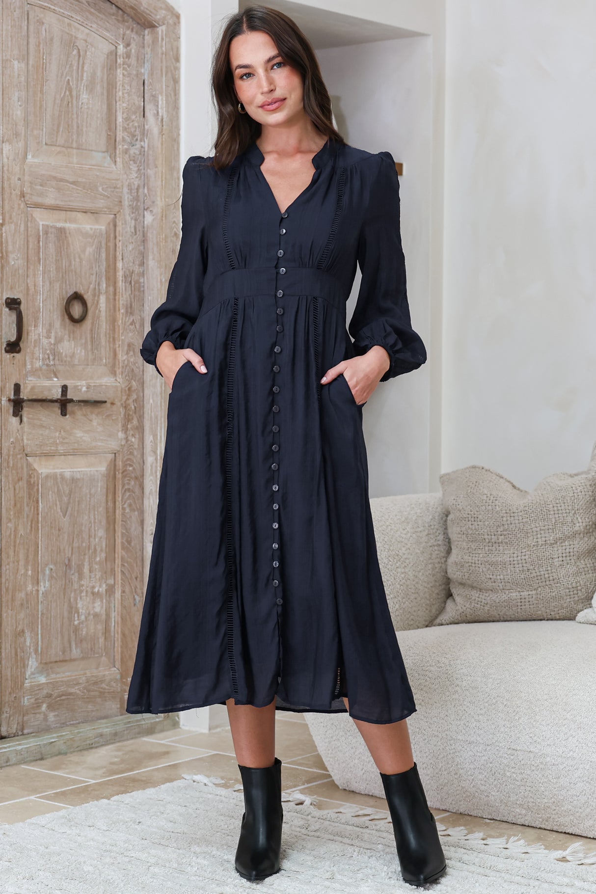 Aylon Midi Dress - Delicately Detailed Mandarin Collar Dress with Long Sleeves in Navy