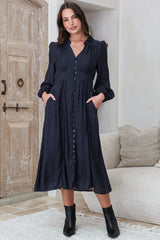 Aylon Midi Dress - Delicately Detailed Mandarin Collar Dress with Long Sleeves in Navy