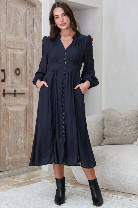 Aylon Midi Dress - Delicately Detailed Mandarin Collar Dress with Long Sleeves in Navy